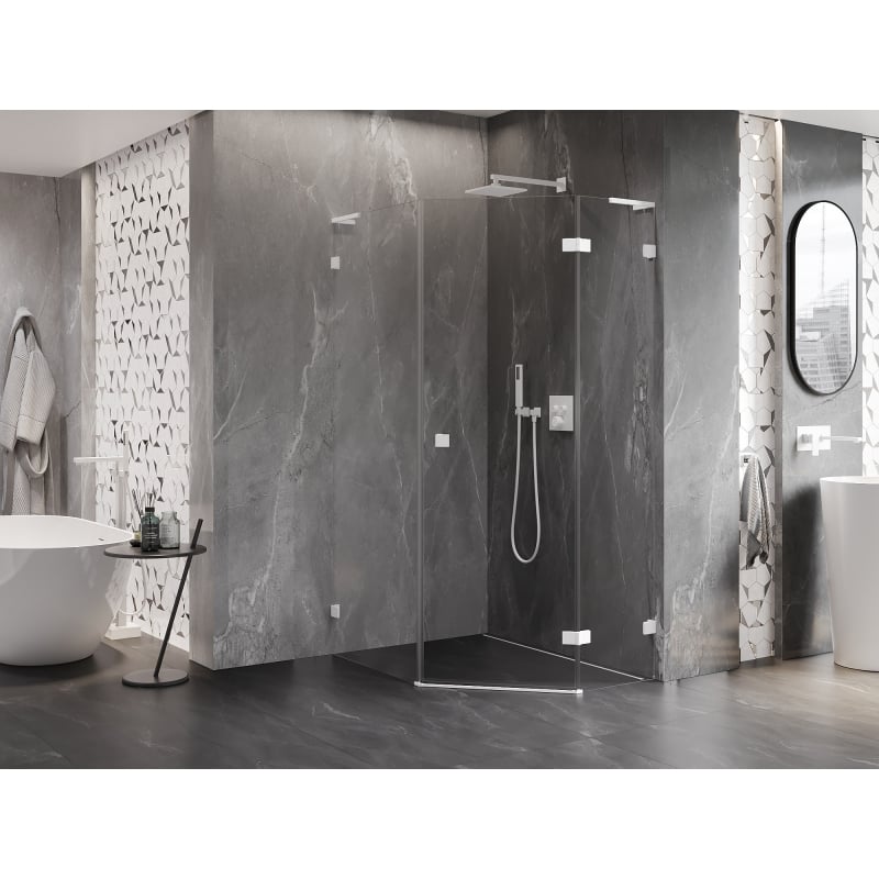 Mexen Lunar L cabine de douche pentagonale pivotante droite 80 x 90 cm, transparent, blanc - 831L-080P-090L-20-00-P