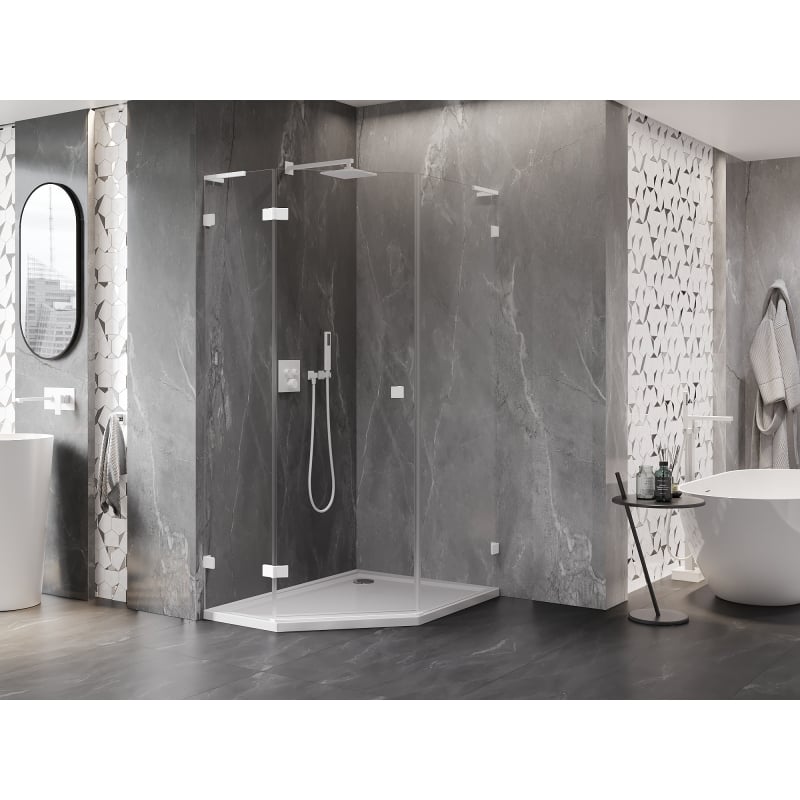 Mexen Lunar L cabine de douche pentagonale pivotante gauche 80 x 90 cm, transparent, blanc - 831L-080L-090P-20-00-L