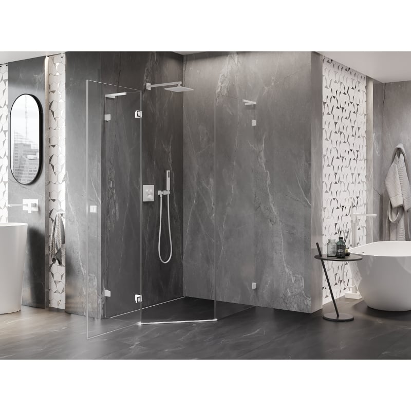 Mexen Lunar L cabine de douche pentagonale pivotante gauche 90 x 100 cm, transparent, blanc - 831L-090L-100P-20-00-L