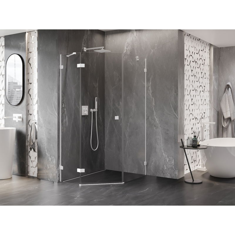 Mexen Lunar cabine de douche pentagonale pivotante gauche 80 x 90 cm, transparent, blanc - 831-080L-090P-20-00-L