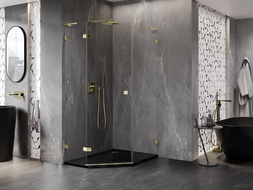 Mexen Lunar L cabine de douche pentagonale pivotante gauche 90 x 100 cm, transparent, doré - 831L-090L-100P-50-00-L