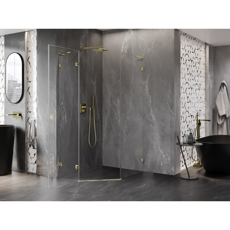 Mexen Lunar L cabine de douche pentagonale pivotante gauche 90 x 100 cm, transparent, doré - 831L-090L-100P-50-00-L