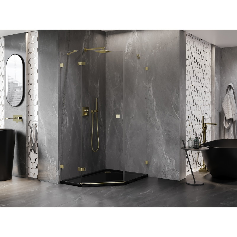 Mexen Lunar cabine de douche pentagonale pivotante gauche 90 x 100 cm, transparent, or - 831-090L-100P-50-00-L
