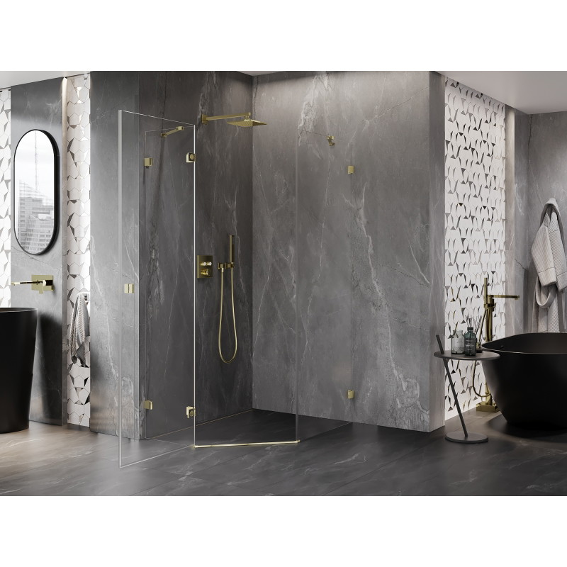 Mexen Lunar cabine de douche pentagonale pivotante gauche 90 x 100 cm, transparent, or - 831-090L-100P-50-00-L
