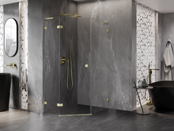 Mexen Lunar L cabine de douche pentagonale à battant gauche 80 x 90 cm, transparent, or brossé - 831L-080L-090P-55-00-L