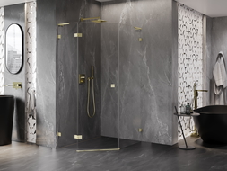 Mexen Lunar L cabine de douche pentagonale pivotante gauche 80 x 90 cm, transparent, or brossé - 831L-080L-090P-55-00-L