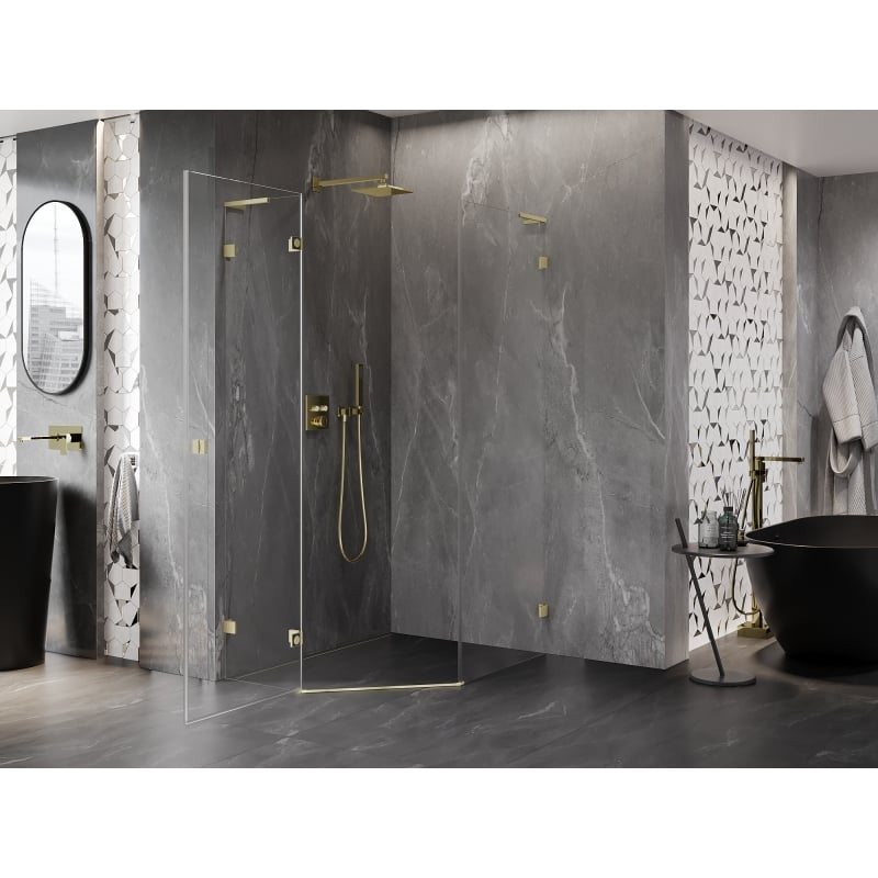 Mexen Lunar L cabine de douche pentagonale pivotante gauche 80 x 100 cm, transparent, or brossé - 831L-080L-100P-55-00-L