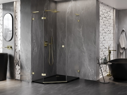 Mexen Lunar L cabine de douche pentagonale pivotante gauche 90 x 100 cm, transparent, or brossé - 831L-090L-100P-55-00-L