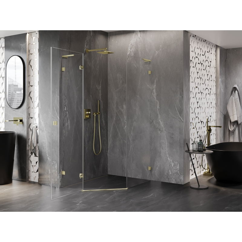 Mexen Lunar L cabine de douche pentagonale pivotante gauche 90 x 100 cm, transparent, or brossé - 831L-090L-100P-55-00-L