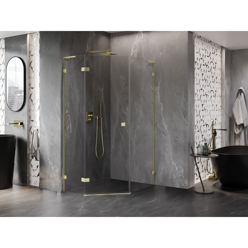 Mexen Lunar L cabine de douche pentagonale pivotante gauche 90 x 100 cm, transparent, or brossé - 831L-090L-100P-55-00-L