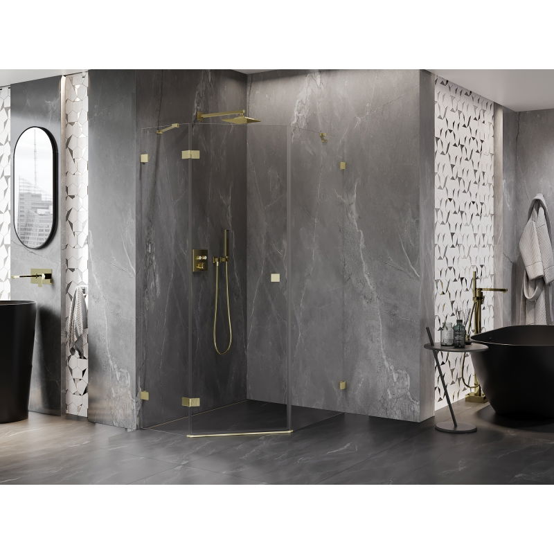 Mexen Lunar cabine de douche pentagonale pivotante gauche 80 x 90 cm, transparent, or brossé - 831-080L-090P-55-00-L