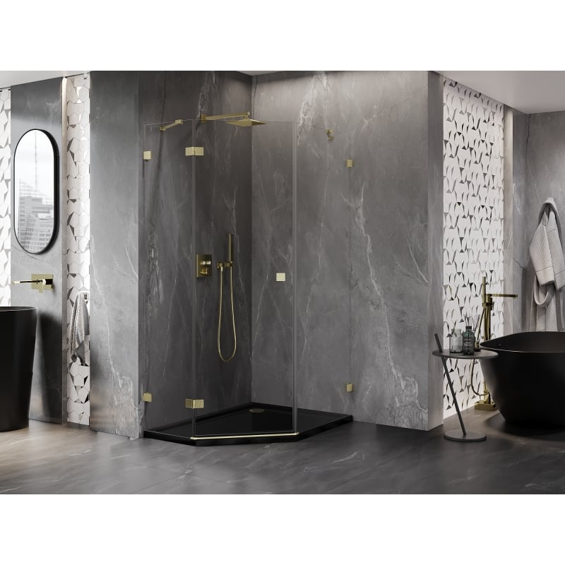 Mexen Lunar cabine de douche pentagonale pivotante gauche 80 x 100 cm, transparent, or brossé - 831-080L-100P-55-00-L