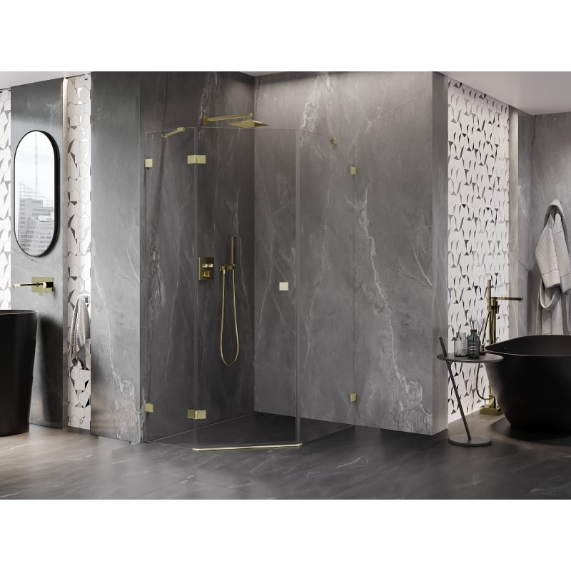 Mexen Lunar cabine de douche pentagonale pivotante gauche 80 x 100 cm, transparent, or brossé - 831-080L-100P-55-00-L