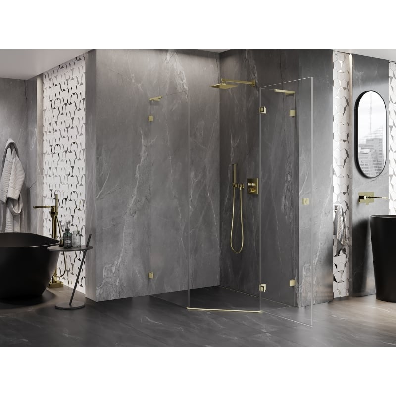 Mexen Lunar L cabine de douche pentagonale pivotante droite 80 x 90 cm, transparent, or brossé - 831L-080P-090L-55-00-P