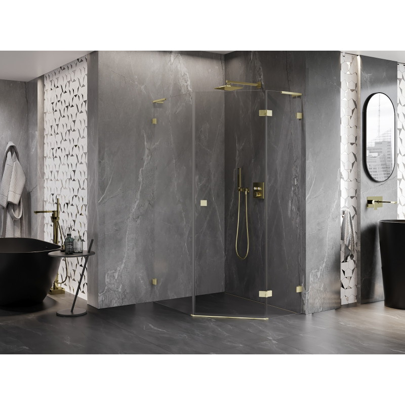 Mexen Lunar L cabine de douche pentagonale pivotante droite 80 x 90 cm, transparent, or brossé - 831L-080P-090L-55-00-P