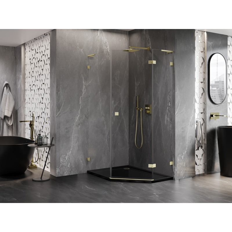 Mexen Lunar L cabine de douche pentagonale pivotante droite 80 x 100 cm, transparent, or brossé - 831L-080P-100L-55-00-P