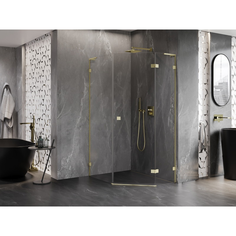 Mexen Lunar L cabine de douche pentagonale pivotante droite 80 x 100 cm, transparent, or brossé - 831L-080P-100L-55-00-P