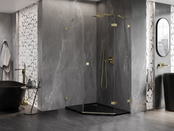 Mexen Lunar cabine de douche pentagonale pivotante droite 80 x 90 cm, transparent, or brossé - 831-080P-090L-55-00-P