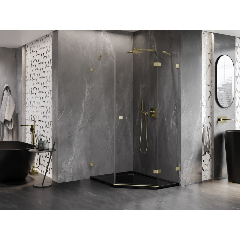 Mexen Lunar cabine de douche pentagonale pivotante droite 80 x 100 cm, transparent, or brossé - 831-080P-100L-55-00-P
