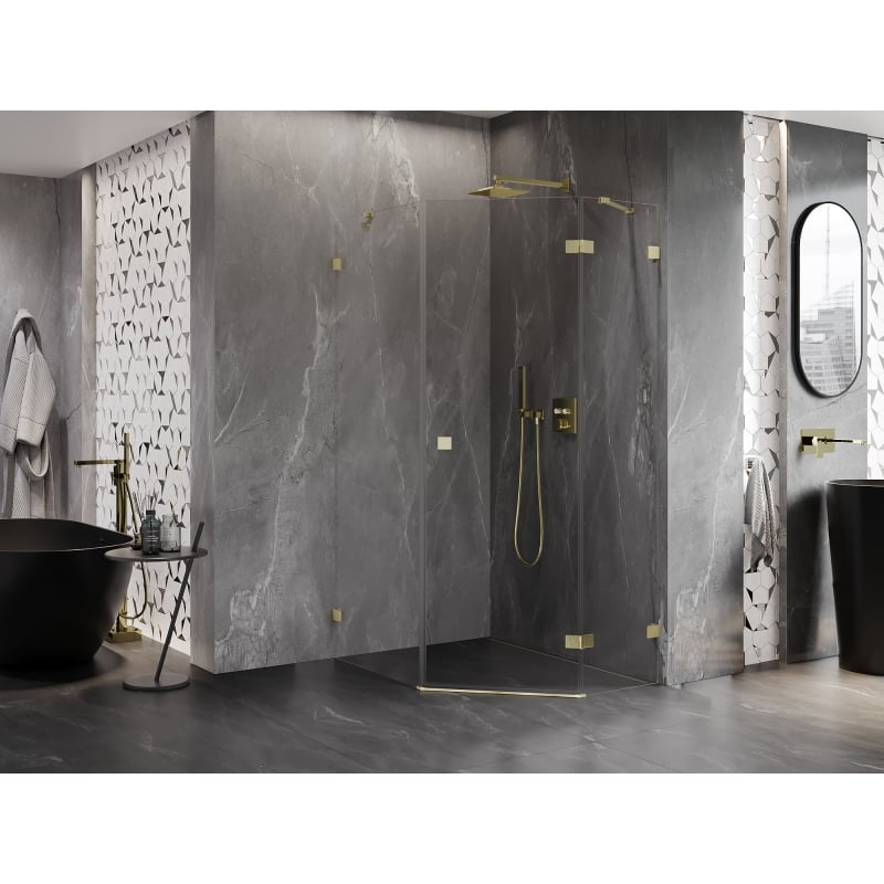 Mexen Lunar cabine de douche pentagonale pivotante droite 80 x 100 cm, transparent, or brossé - 831-080P-100L-55-00-P