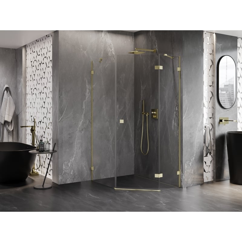 Mexen Lunar cabine de douche pentagonale pivotante droite 90 x 100 cm, transparent, or brossé - 831-090P-100L-55-00-P