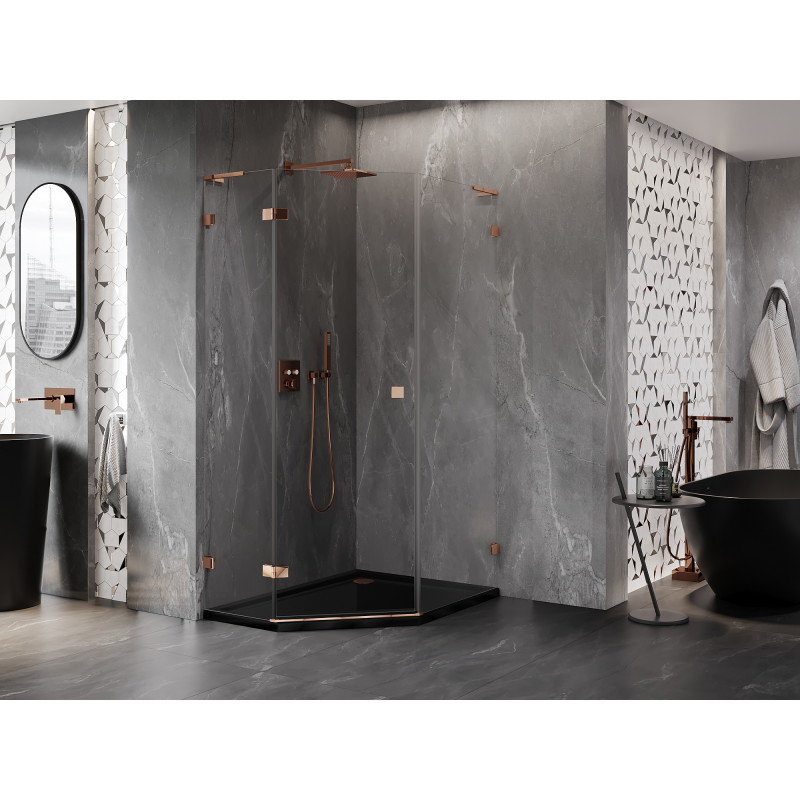 Mexen Lunar L cabine de douche pentagonale pivotante gauche 80 x 90 cm, transparent, or rose - 831L-080L-090P-60-00-L