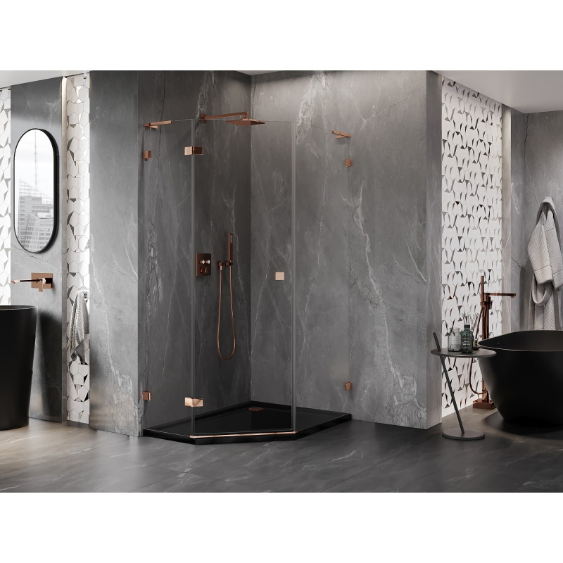 Mexen Lunar L cabine de douche pentagonale gauche pivotante 80 x 100 cm, transparente, or rose - 831L-080L-100P-60-00-L