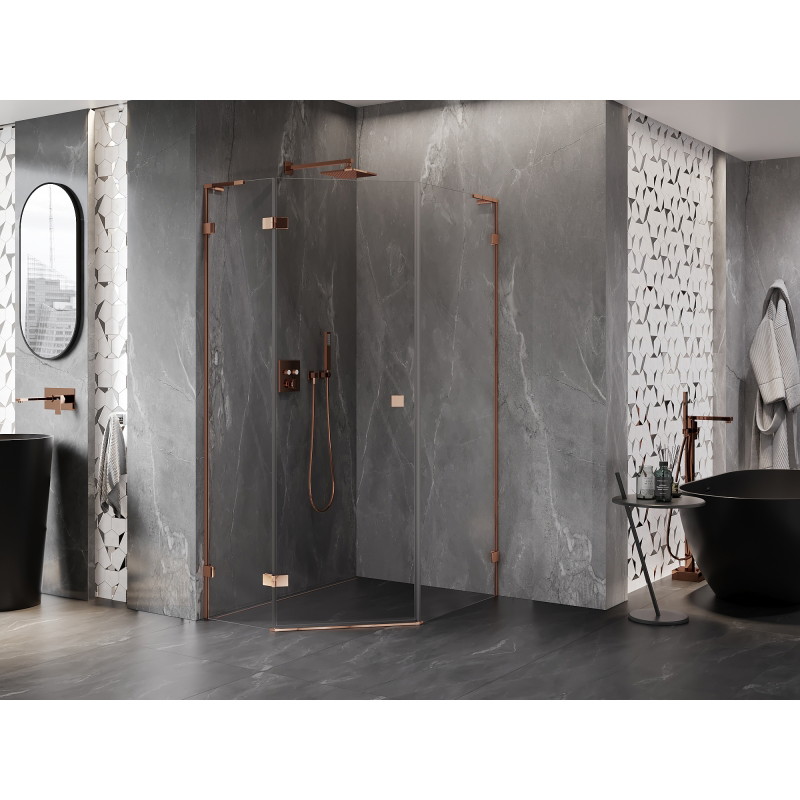 Mexen Lunar L cabine de douche pentagonale pivotante gauche 80 x 100 cm, transparent, or rose - 831L-080L-100P-60-00-L