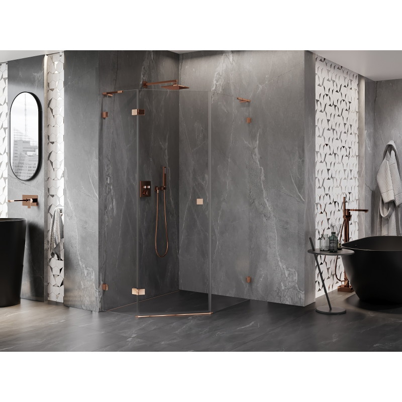 Mexen Lunar L cabine de douche pentagonale pivotante gauche 80 x 100 cm, transparent, or rose - 831L-080L-100P-60-00-L
