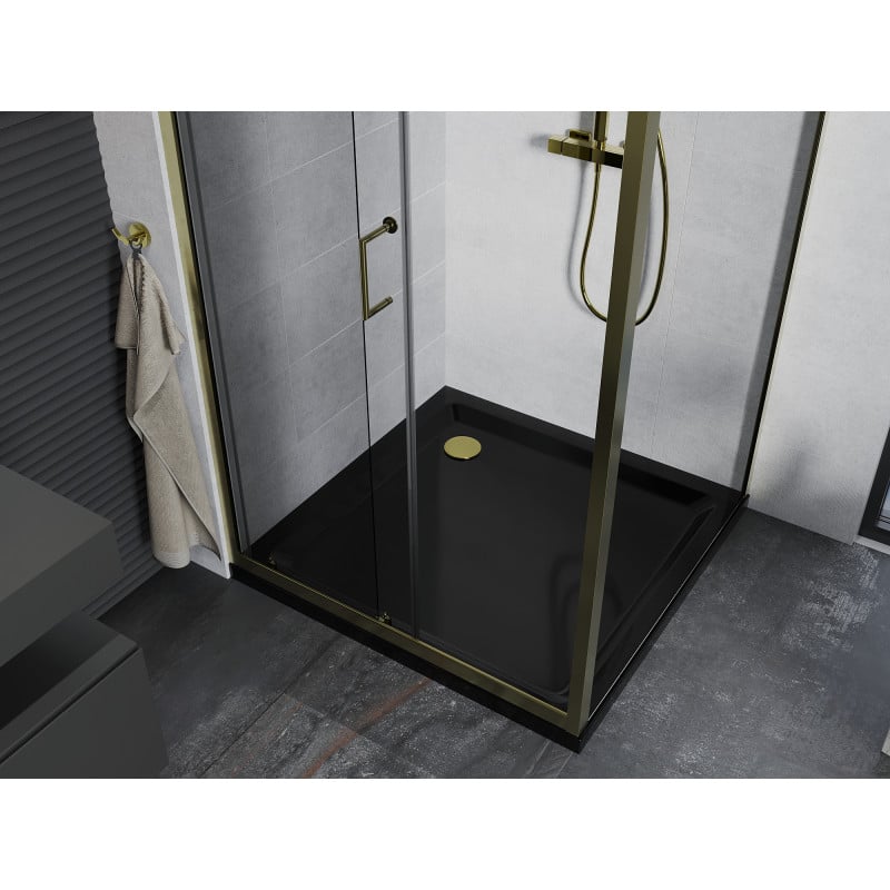 Mexen Apia cabine de douche coulissante 100 x 100 cm, transparent, or + receveur Flat, noir - 840-100-100-50-00-4070G