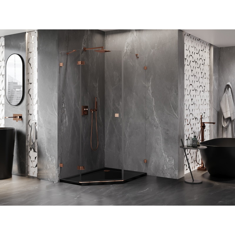 Mexen Lunar cabine de douche pentagonale pivotante gauche 80 x 100 cm, transparent, or rose - 831-080L-100P-60-00-L