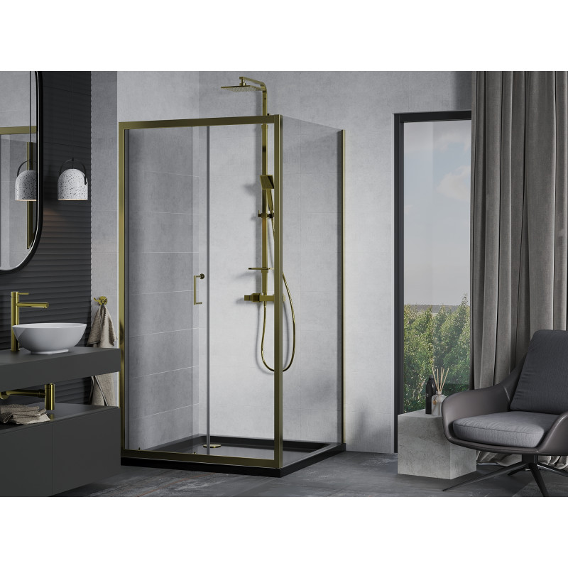 Mexen Apia cabine de douche coulissante 100 x 100 cm, transparent, dorée + receveur Flat, noir - 840-100-100-50-00-4070G