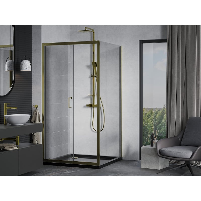 Mexen Apia cabine de douche coulissante 100 x 100 cm, transparent, or + receveur Flat, noir - 840-100-100-50-00-4070G