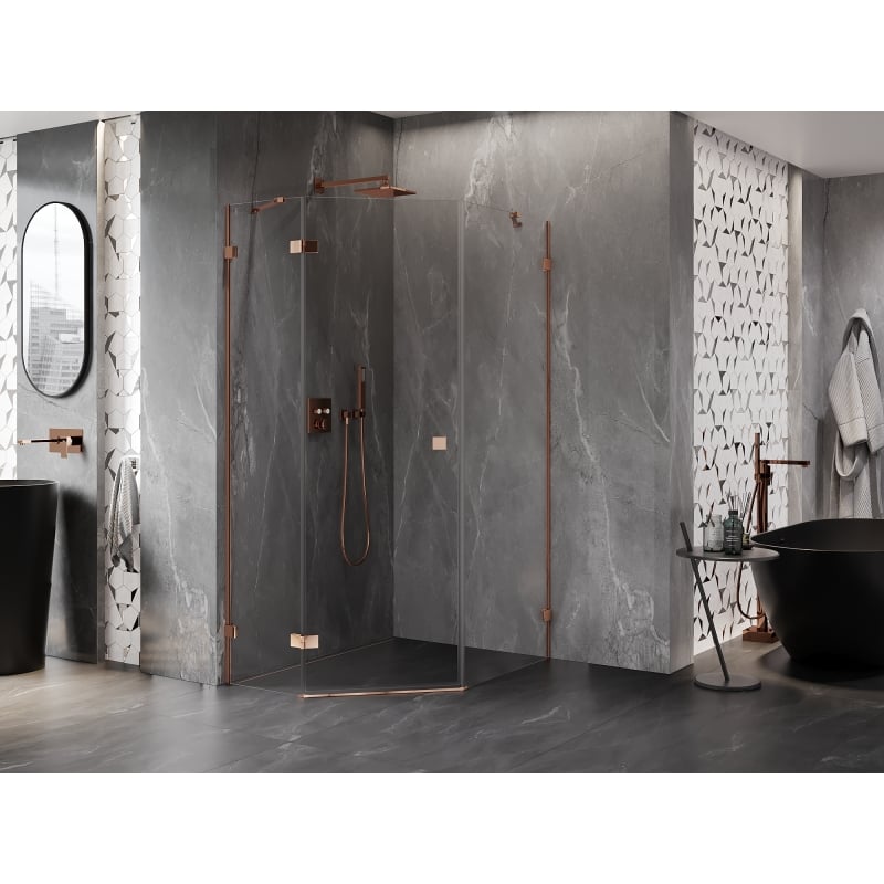 Mexen Lunar cabine de douche pentagonale pivotante gauche 90 x 100 cm, transparent, or rose - 831-090L-100P-60-00-L