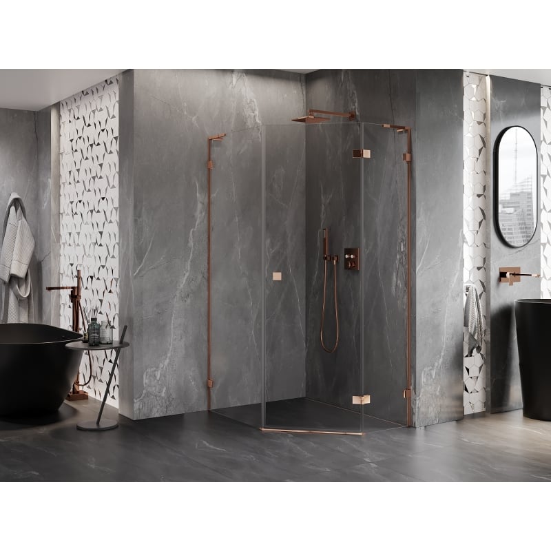 Mexen Lunar L cabine de douche pentagonale pivotante droite 80 x 90 cm, transparent, or rose - 831L-080P-090L-60-00-P