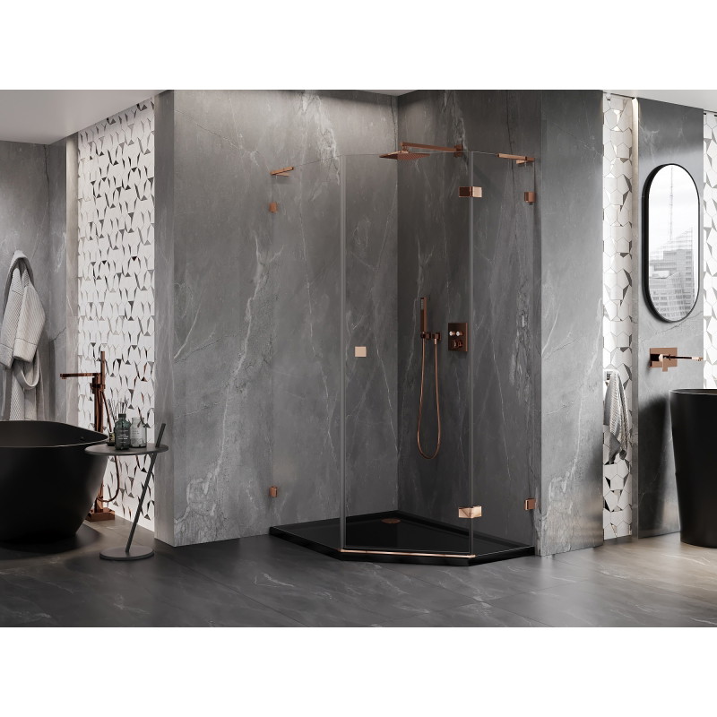 Mexen Lunar L cabine de douche pentagonale pivotante droite 80 x 100 cm, transparent, or rose - 831L-080P-100L-60-00-P