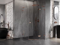 Mexen Lunar L cabine de douche pentagonale pivotante droite 80 x 100 cm, transparent, or rose - 831L-080P-100L-60-00-P