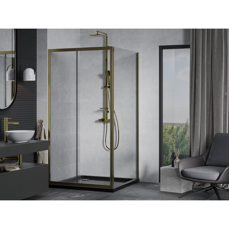 Mexen Apia cabine de douche coulissante 100 x 100 cm, transparent, or + receveur Flat, noir - 840-100-100-50-00-4070G
