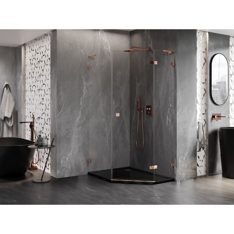 Mexen Lunar L cabine de douche pentagonale pivotante droite 90 x 100 cm, transparent, or rose - 831L-090P-100L-60-00-P