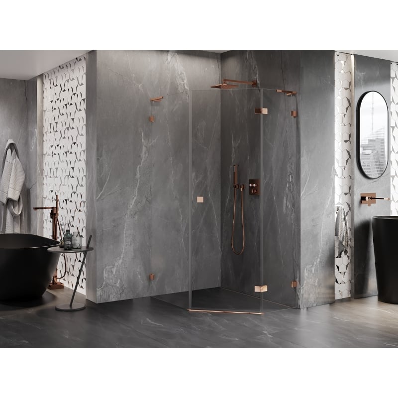 Mexen Lunar L cabine de douche pentagonale pivotante droite 90 x 100 cm, transparent, or rose - 831L-090P-100L-60-00-P