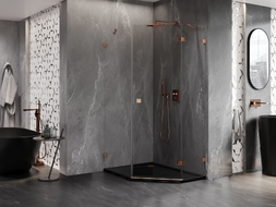 Mexen Lunar cabine de douche pentagonale pivotante droite 80 x 90 cm, transparente, or rose - 831-080P-090L-60-00-P