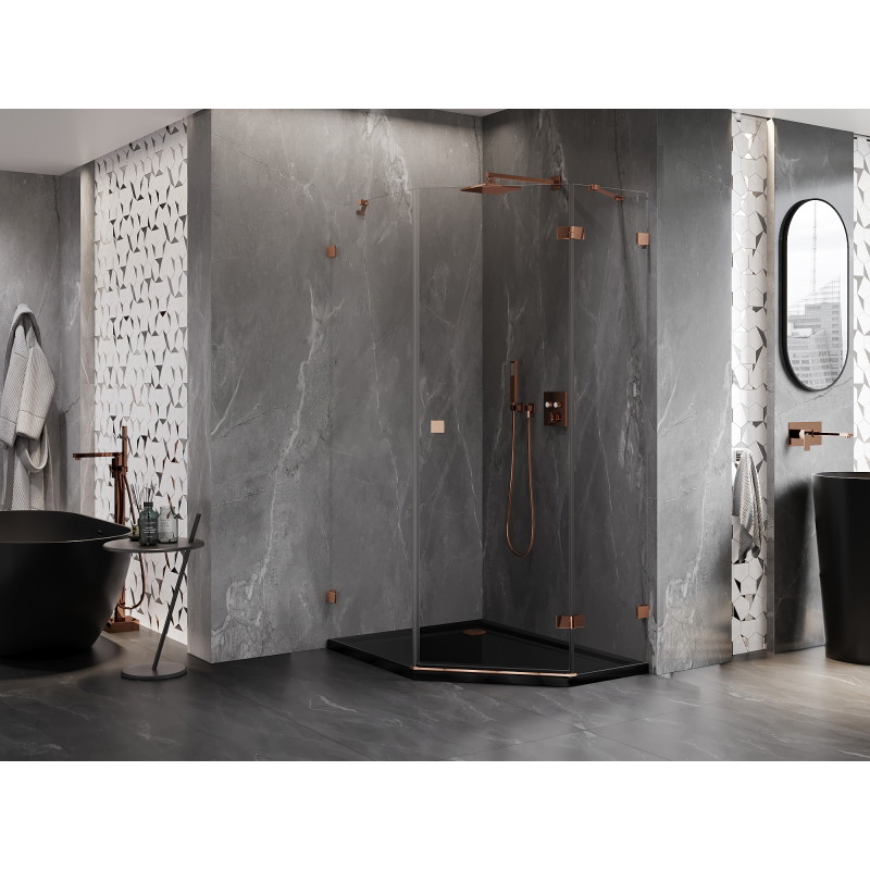 Mexen Lunar cabine de douche pentagonale pivotante droite 80 x 100 cm, transparent, or rose - 831-080P-100L-60-00-P