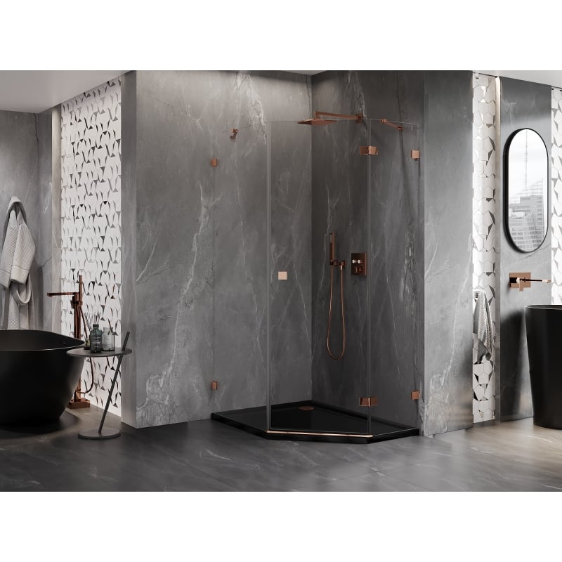 Mexen Lunar cabine de douche pentagonale battante droite 90 x 100 cm, transparent, or rose - 831-090P-100L-60-00-P