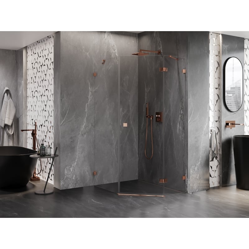 Mexen Lunar cabine de douche pentagonale battante droite 90 x 100 cm, transparent, or rose - 831-090P-100L-60-00-P