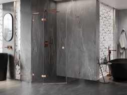 Mexen Lunar L cabine de douche pentagonale pivotante gauche 80 x 90 cm, transparent, cuivre brossé - 831L-080L-090P-65-00-L