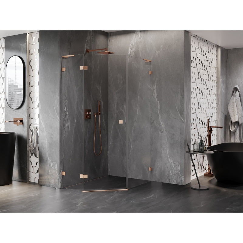Mexen Lunar L cabine de douche pentagonale pivotante gauche 80 x 100 cm, transparent, cuivre brossé - 831L-080L-100P-65-00-L