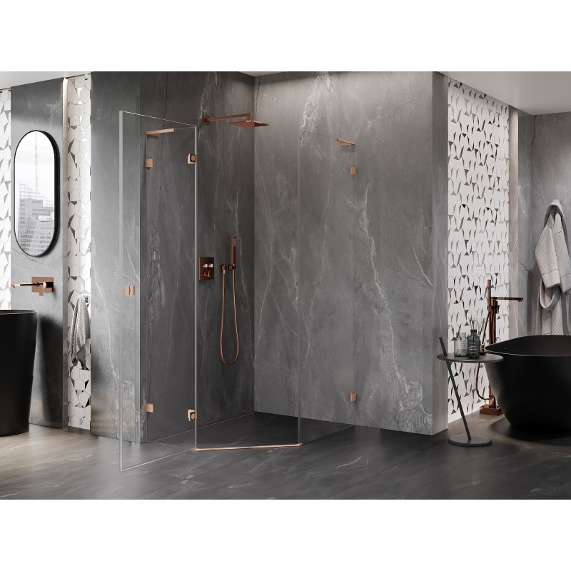 Mexen Lunar L cabine de douche pentagonale pivotante gauche 90 x 100 cm, transparent, cuivre brossé - 831L-090L-100P-65-00-L