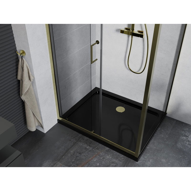 Mexen Apia cabine de douche coulissante 110 x 70 cm, transparent, doré + receveur Flat, noir - 840-110-070-50-00-4070G
