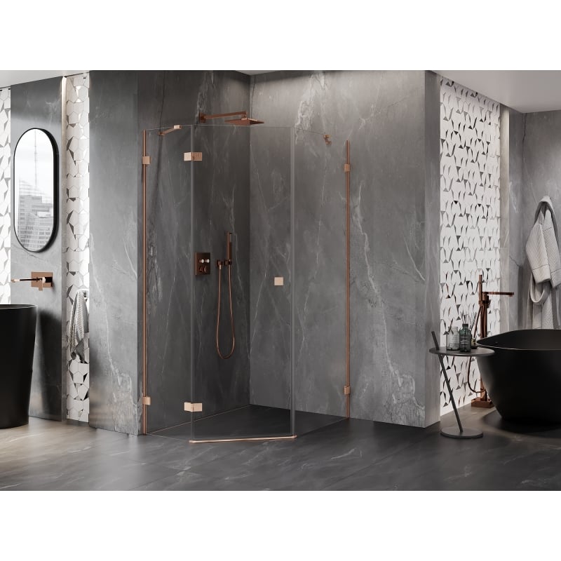 Mexen Lunar cabine de douche pentagonale pivotante gauche 80 x 100 cm, transparent, cuivre brossé - 831-080L-100P-65-00-L