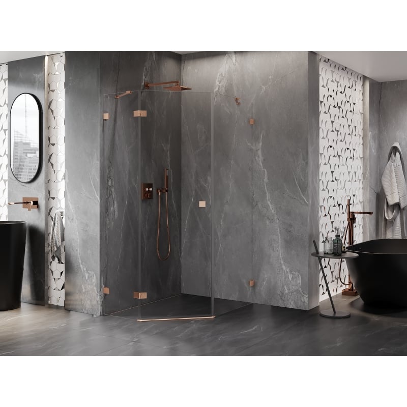 Mexen Lunar cabine de douche pentagonale pivotante gauche 80 x 100 cm, transparent, cuivre brossé - 831-080L-100P-65-00-L